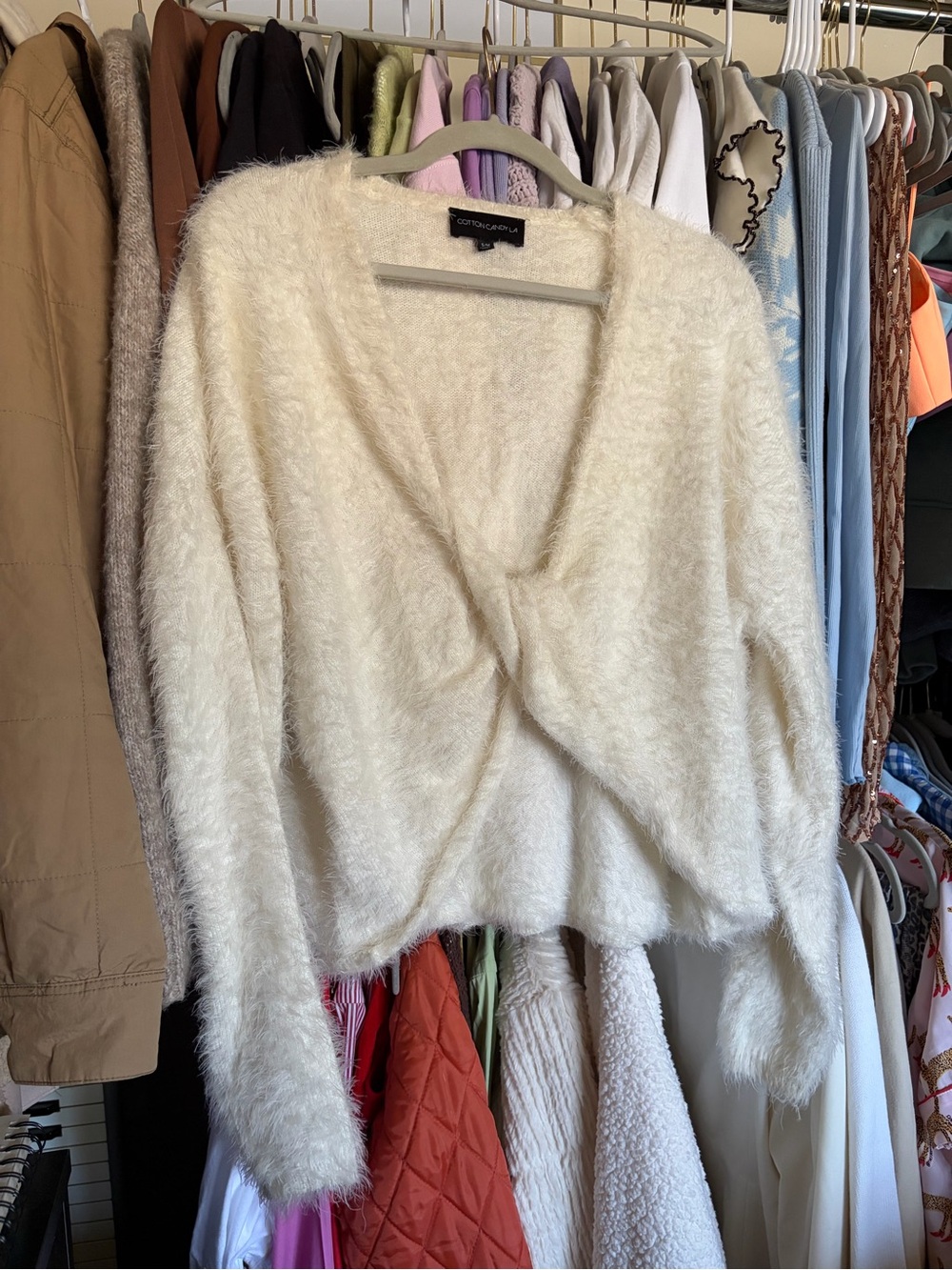 Cotton Candy Cream Plush V-Neck Twist-Front Sweater